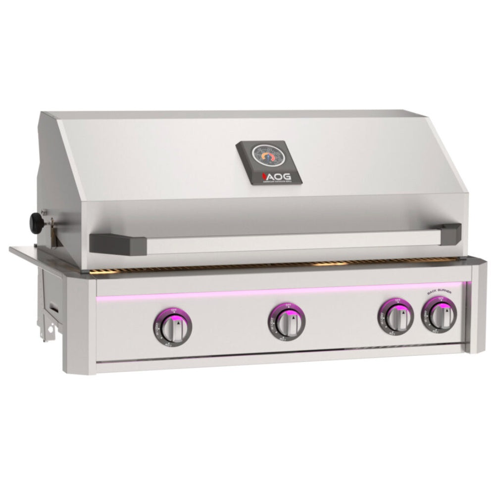 Stainless steel built-in gas grill front view with illuminated LED strip and four knobs