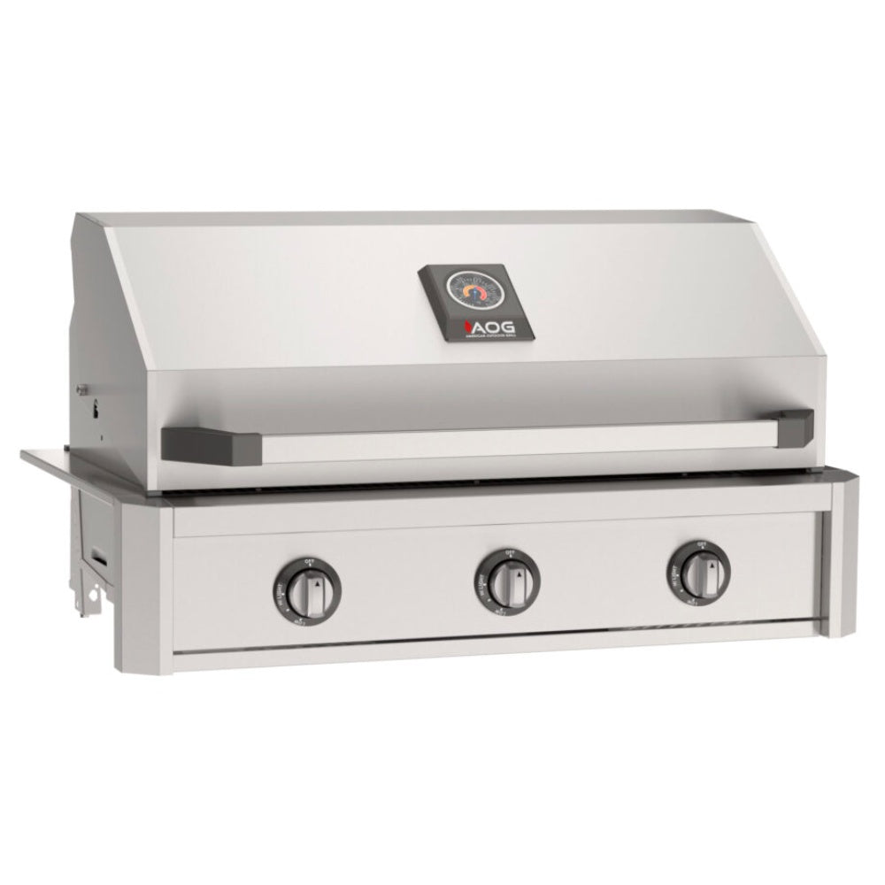 Built-in gas grill with stainless hood and three front control knobs, AOG style logo