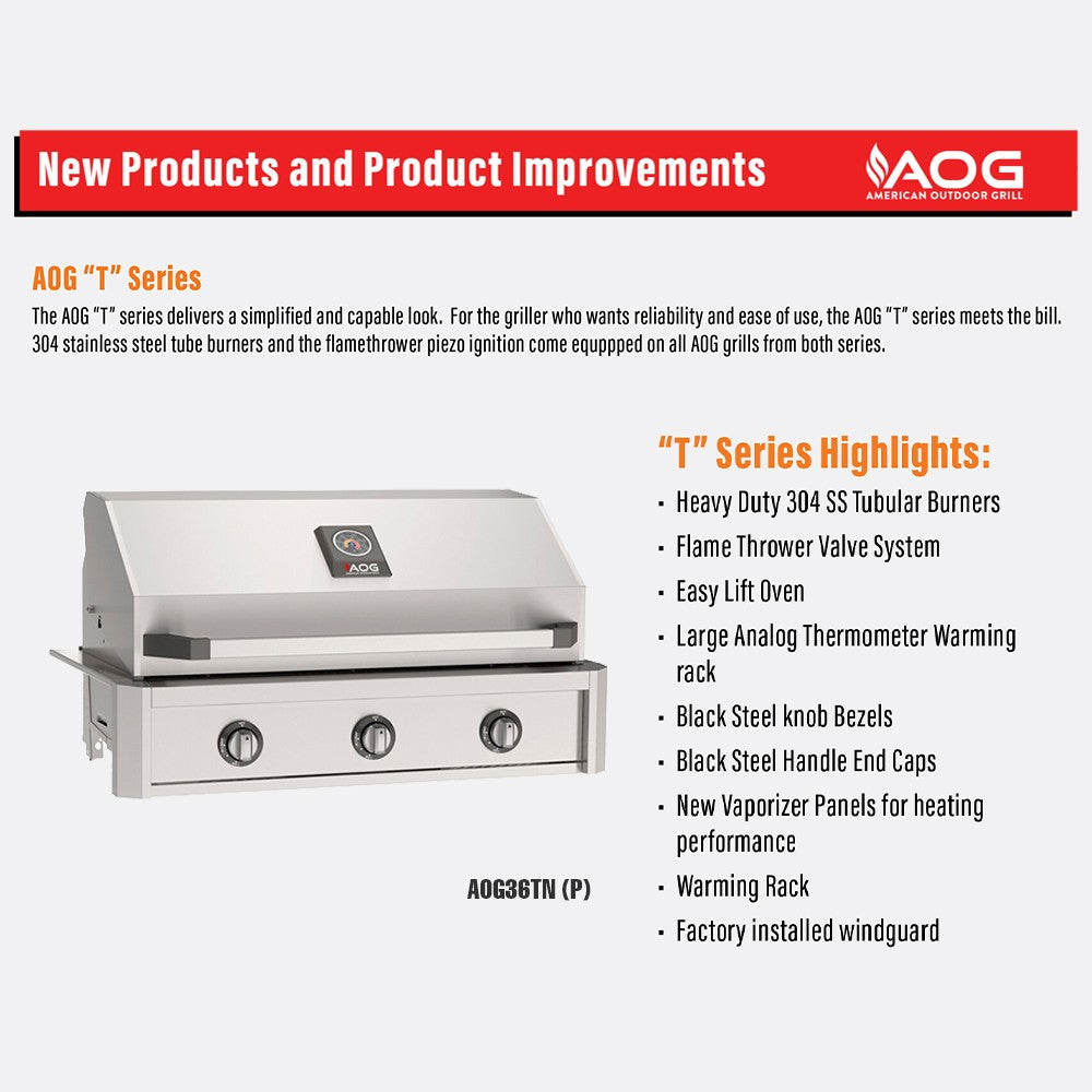 AOg T-Series built-in gas grill highlights infographic with feature bullet list