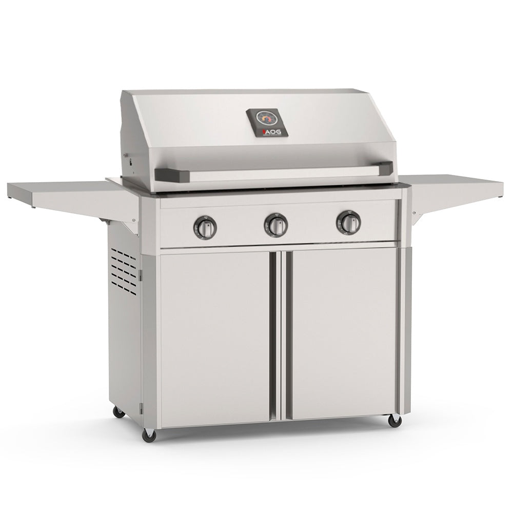 Freestanding stainless gas grill front view with three knobs and side shelves