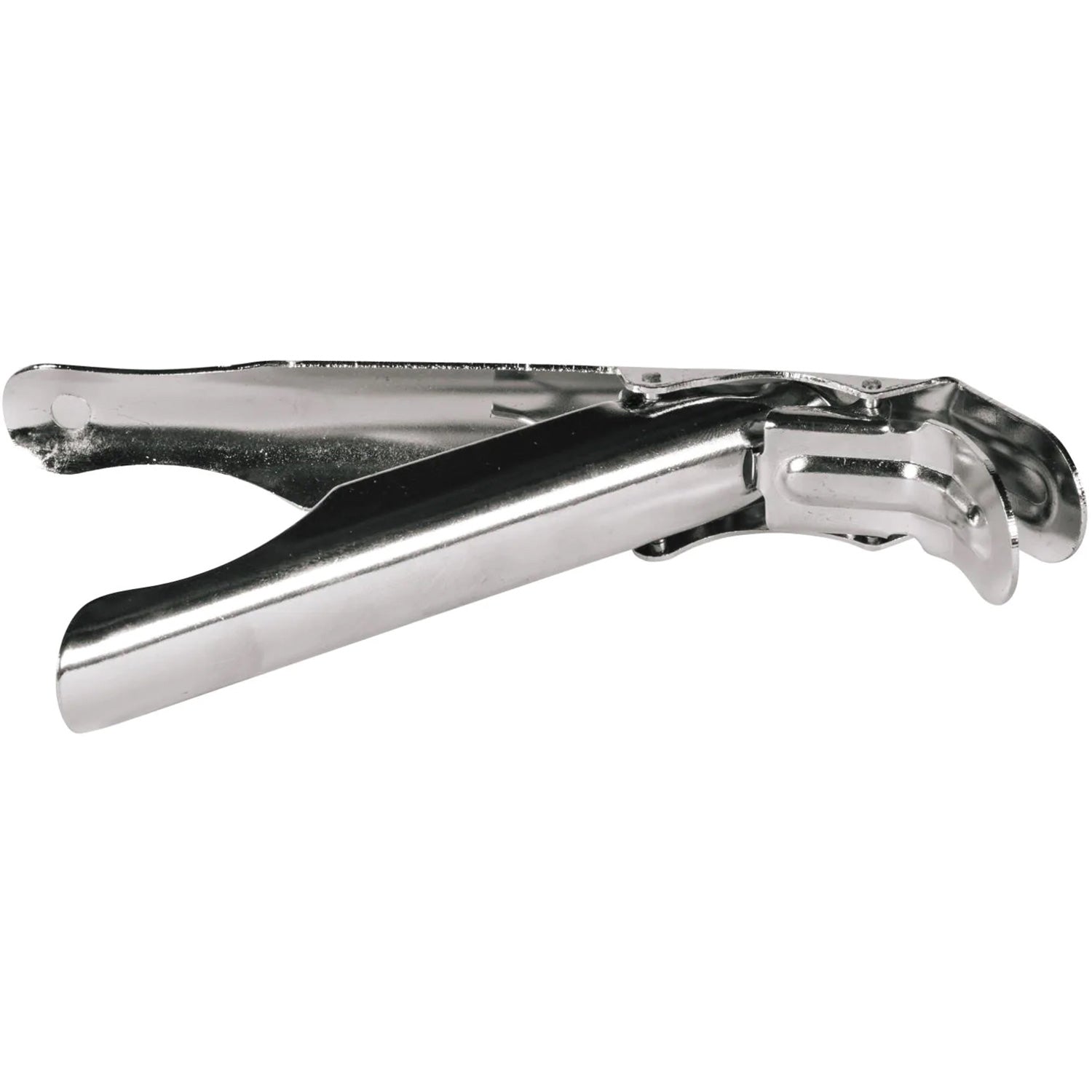 Grate gripper tong with curved jaws and lever handle, brushed metal