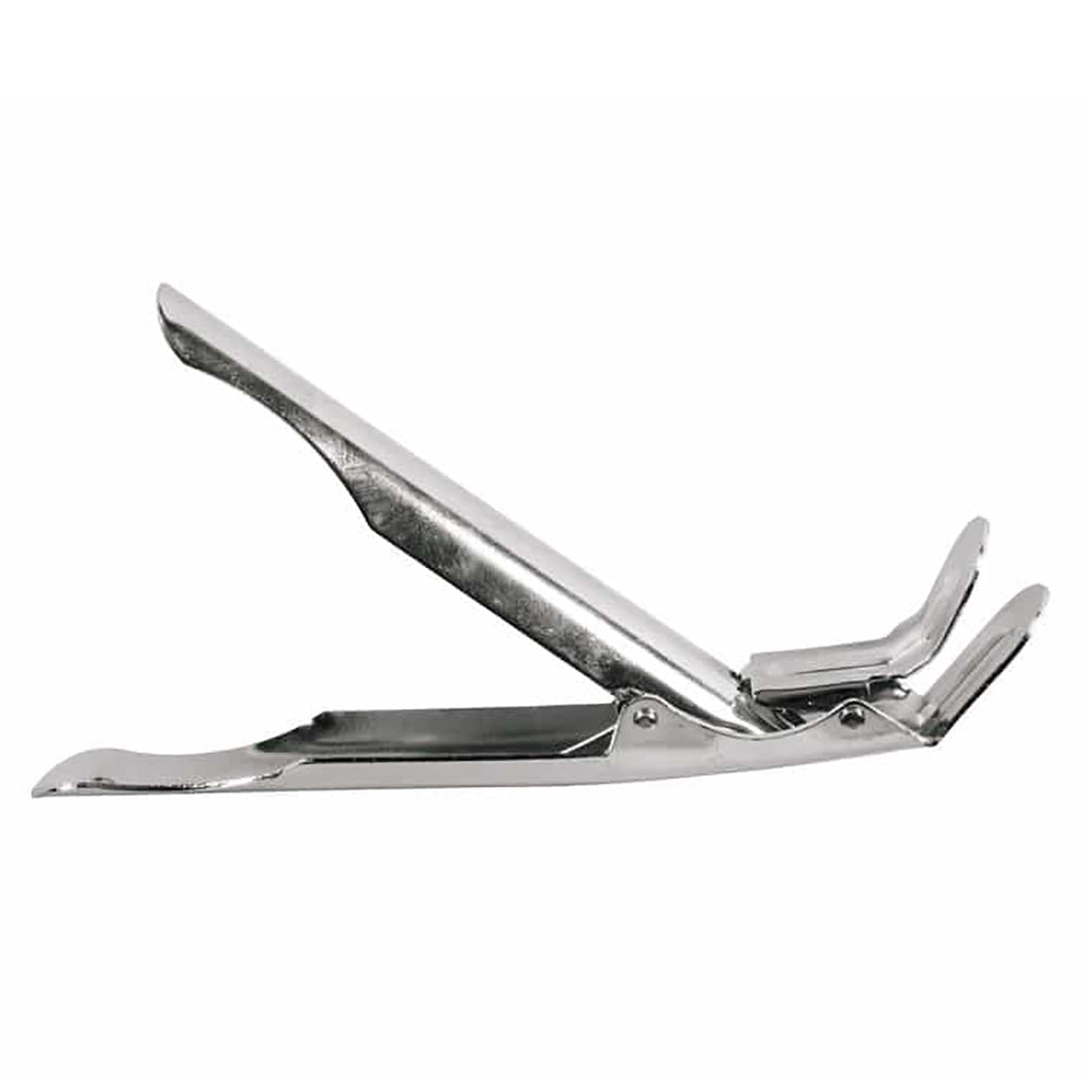 Grate gripper tong with pivoting clamping arms, stainless steel finish