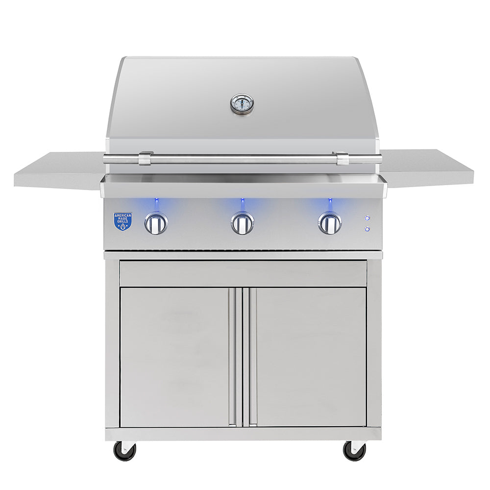 Stainless steel gas grill on cart with side shelves and control knobs, lid closed