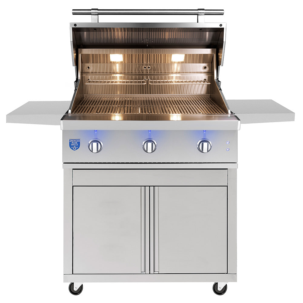 Stainless steel gas grill with lid open, visible cooking grates and gas burners