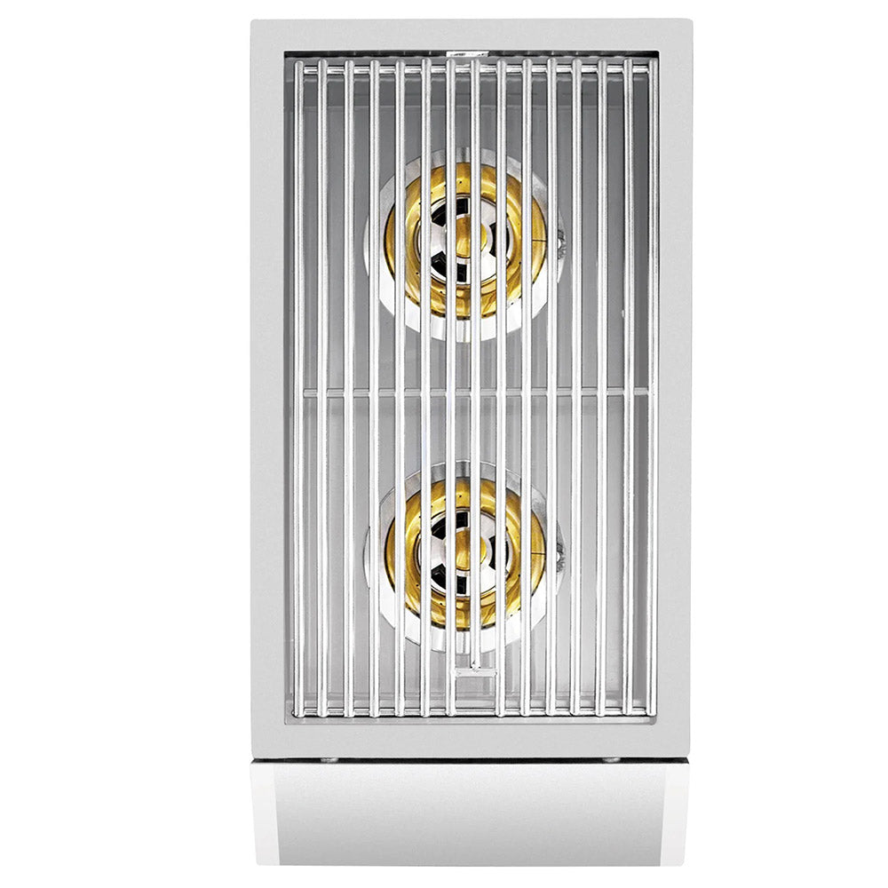 Built-in double side burner grate with two burner caps, yellow flames in view
