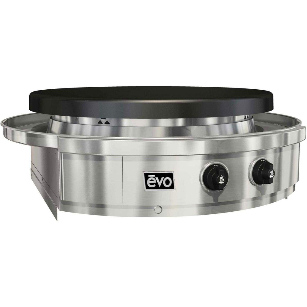 Stainless built-in gas grill with black lid, control knobs and evo logo panel