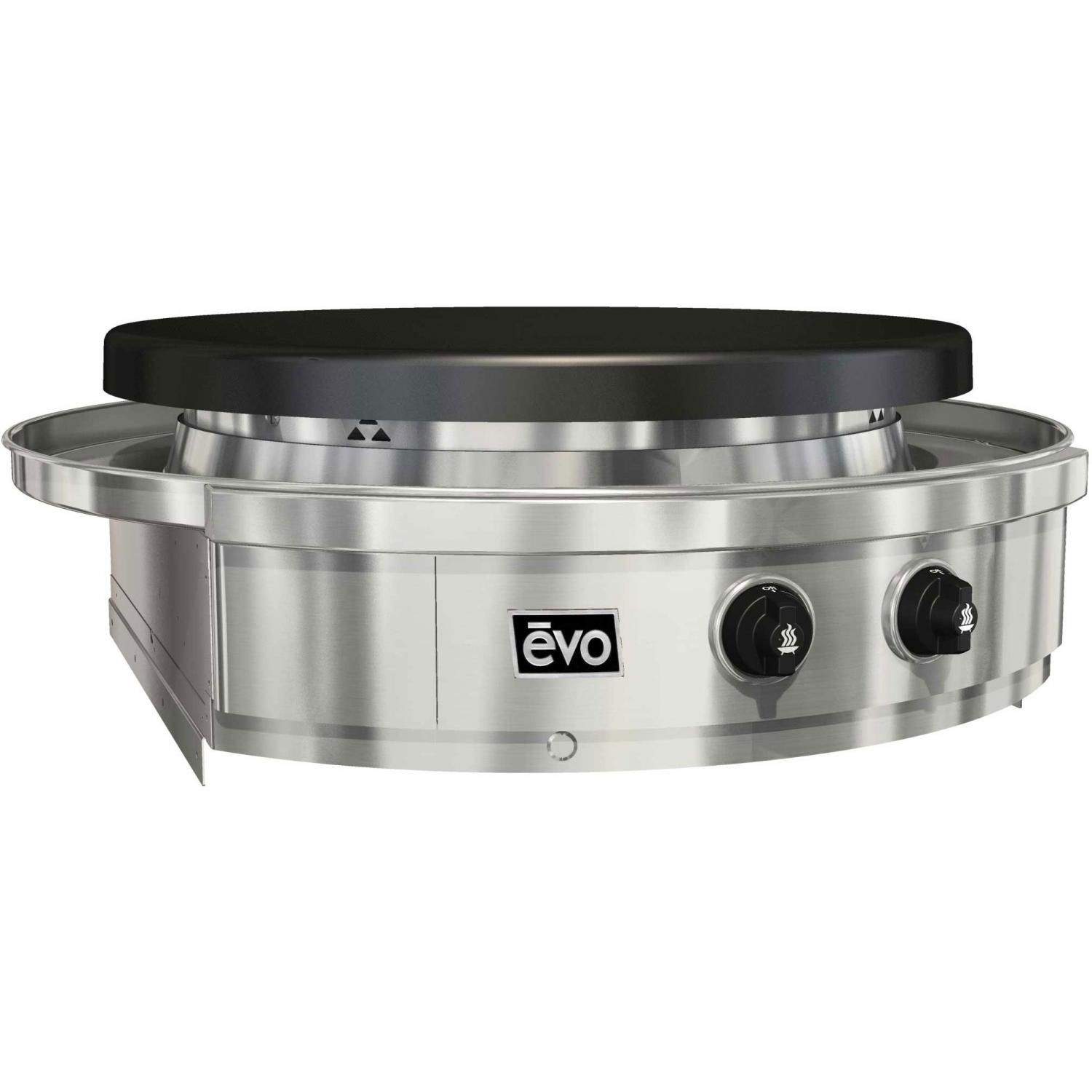 Stainless built-in gas grill with black lid, control knobs and evo logo panel