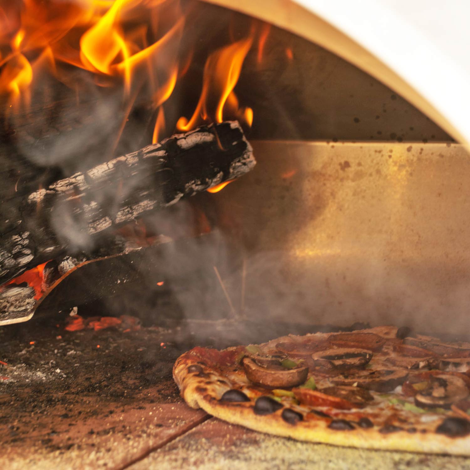 Inside wood-fired pizza oven showing active flames over burning logs