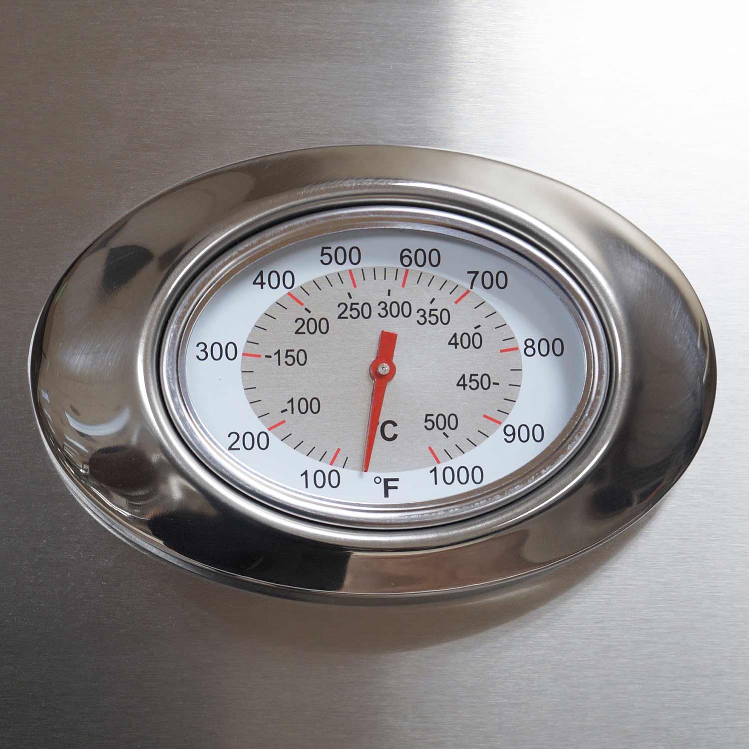 Round stainless grill thermometer with Fahrenheit and Celsius temperature markings