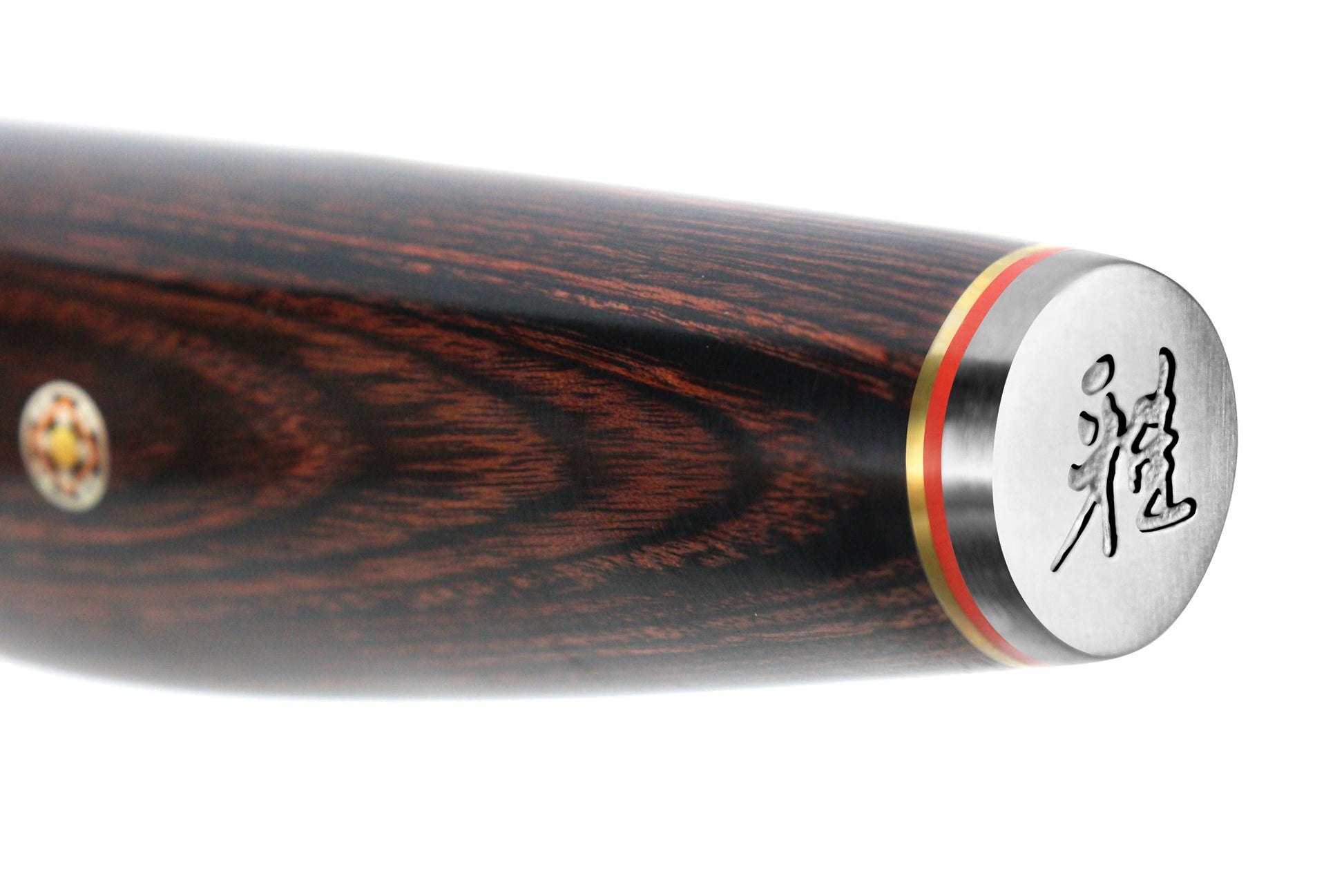 Knife handle end cap with engraved characters, dark wood, and red/gold trim ring