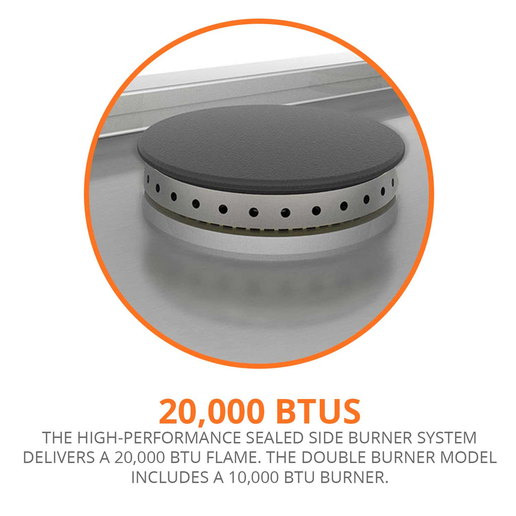 Sealed side burner with round black burner cap and perforated ring