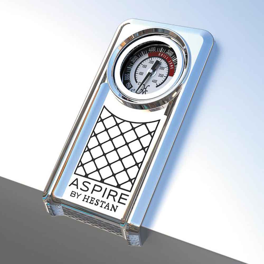 Grill thermometer gauge with Aspire by Hestan logo on blue trim