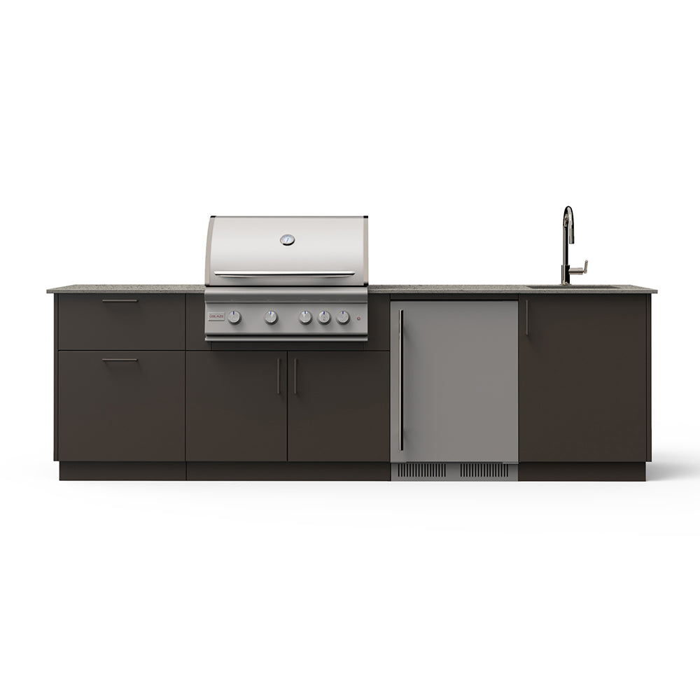 Outdoor kitchen island with grill, sink faucet, and dark base cabinets