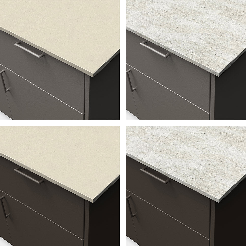 Outdoor kitchen island cabinet doors and drawers with light countertop and dark gray frame.