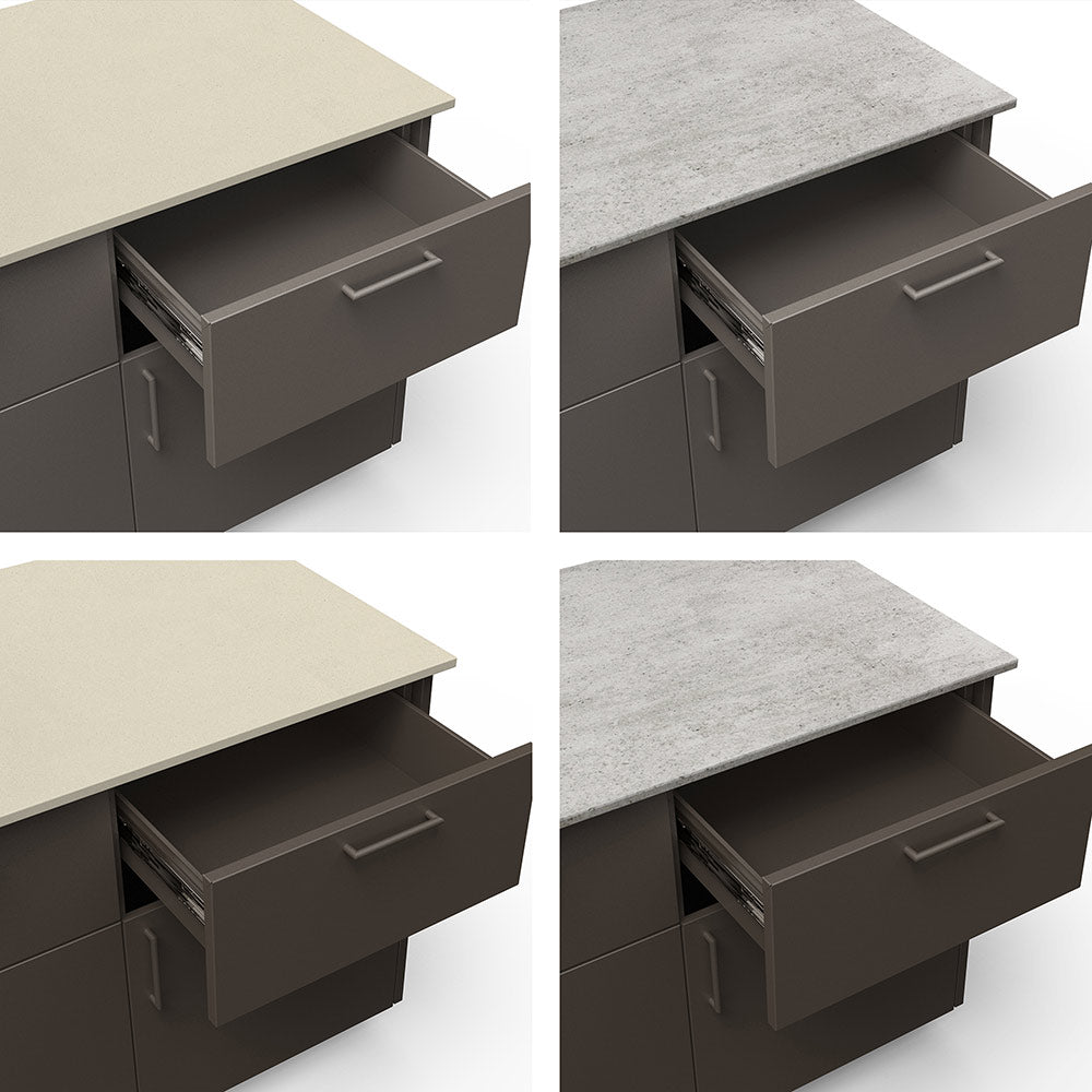 Outdoor kitchen island with open drawers, dark-gray cabinetry under light countertop