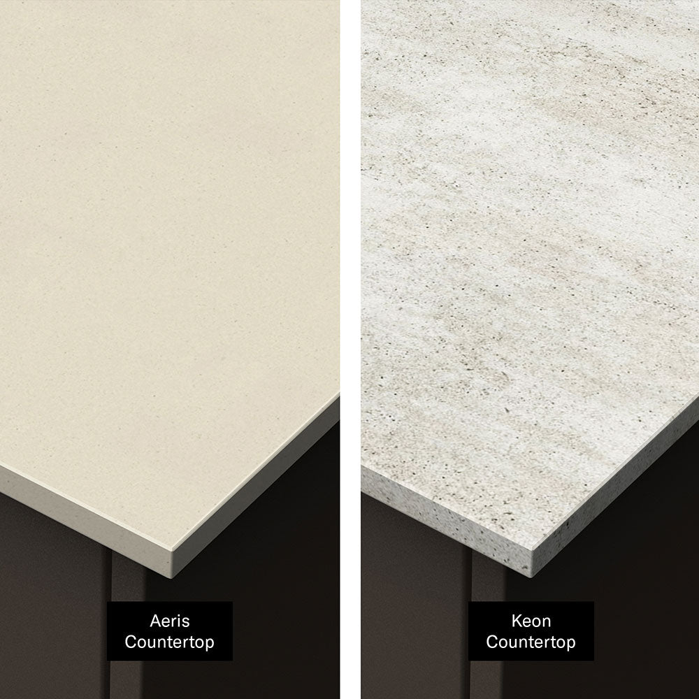 Outdoor kitchen island countertop surfaces with light beige and speckled finishes