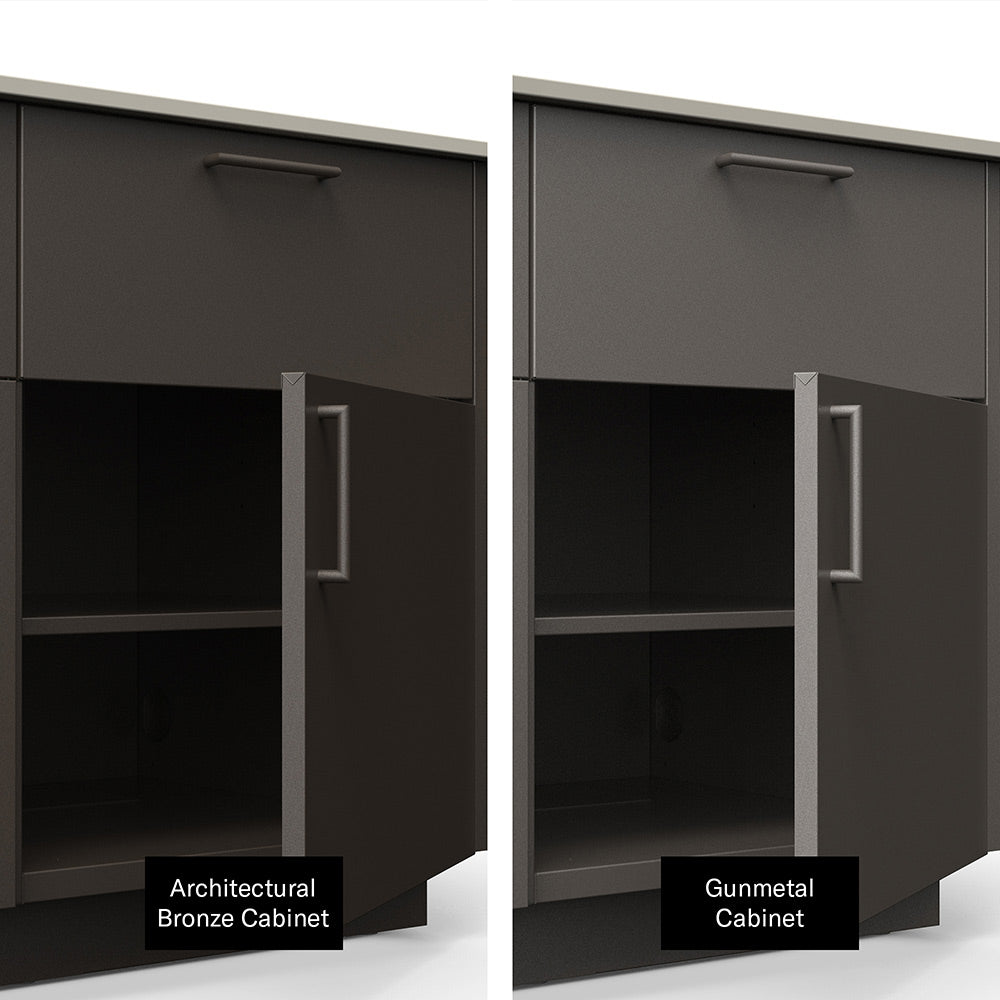 Outdoor kitchen island open cabinet with vertical metal handle, bronze and gunmetal finishes