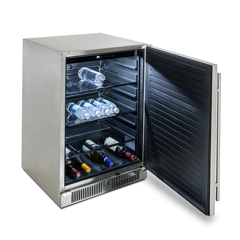 Outdoor refrigerator with open door showing interior shelves and bottle storage