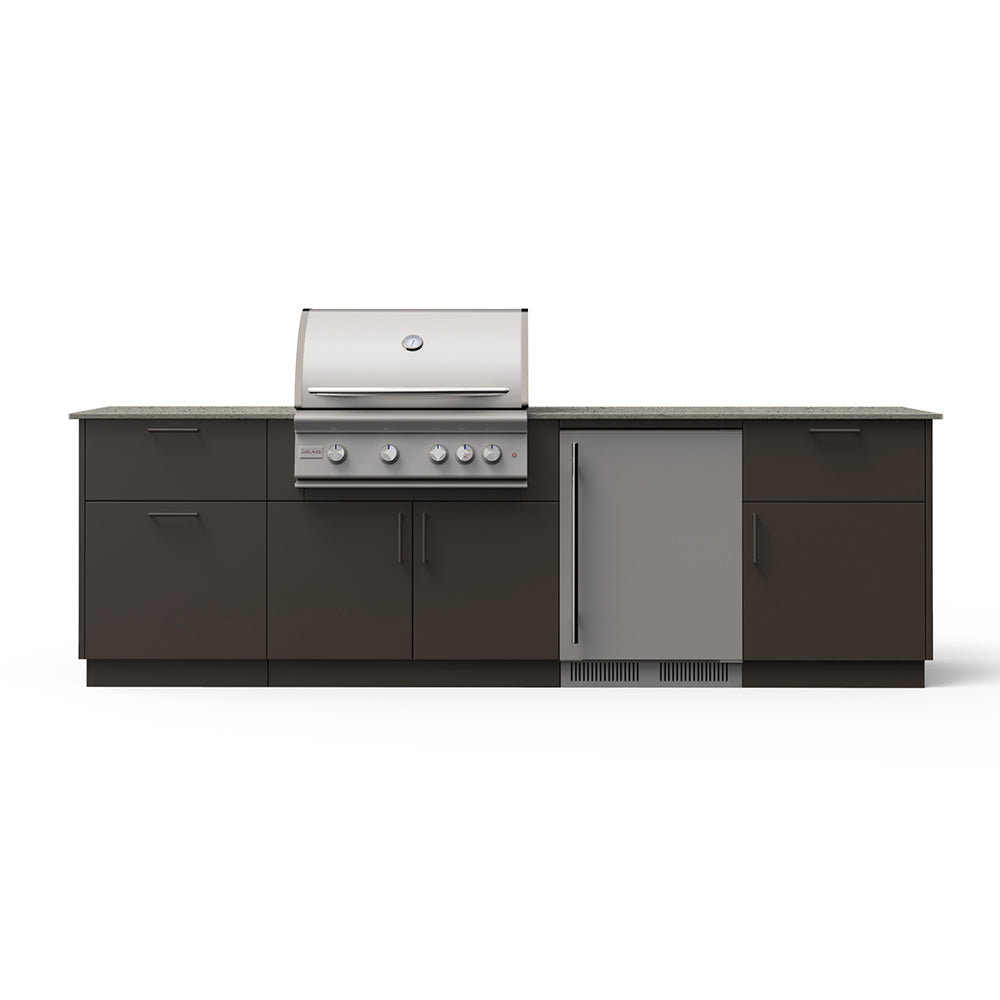 Outdoor kitchen island front view with dark base cabinets, grill, and built-in fridge