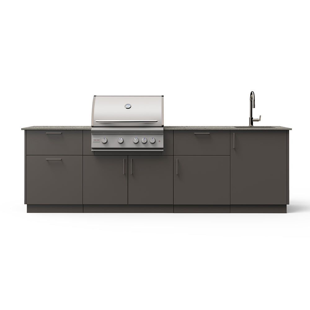 Outdoor kitchen island with stainless grill and sink faucet, dark gray cabinet doors and panels
