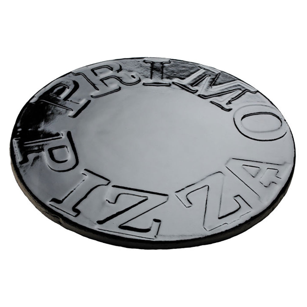 Pizza baking stone with embossed pattern on round glazed top surface