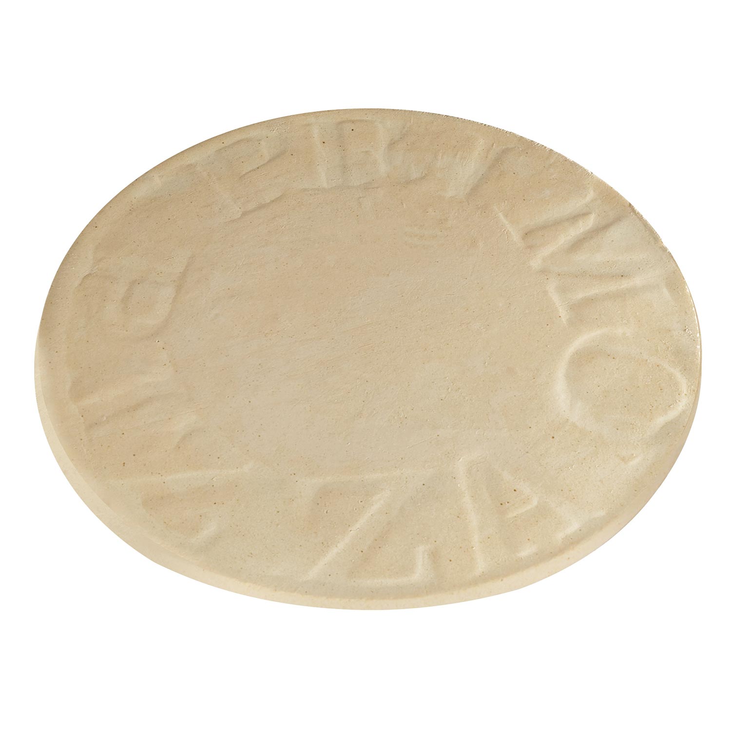 Round natural finish pizza baking stone, plain beige surface with faint texture