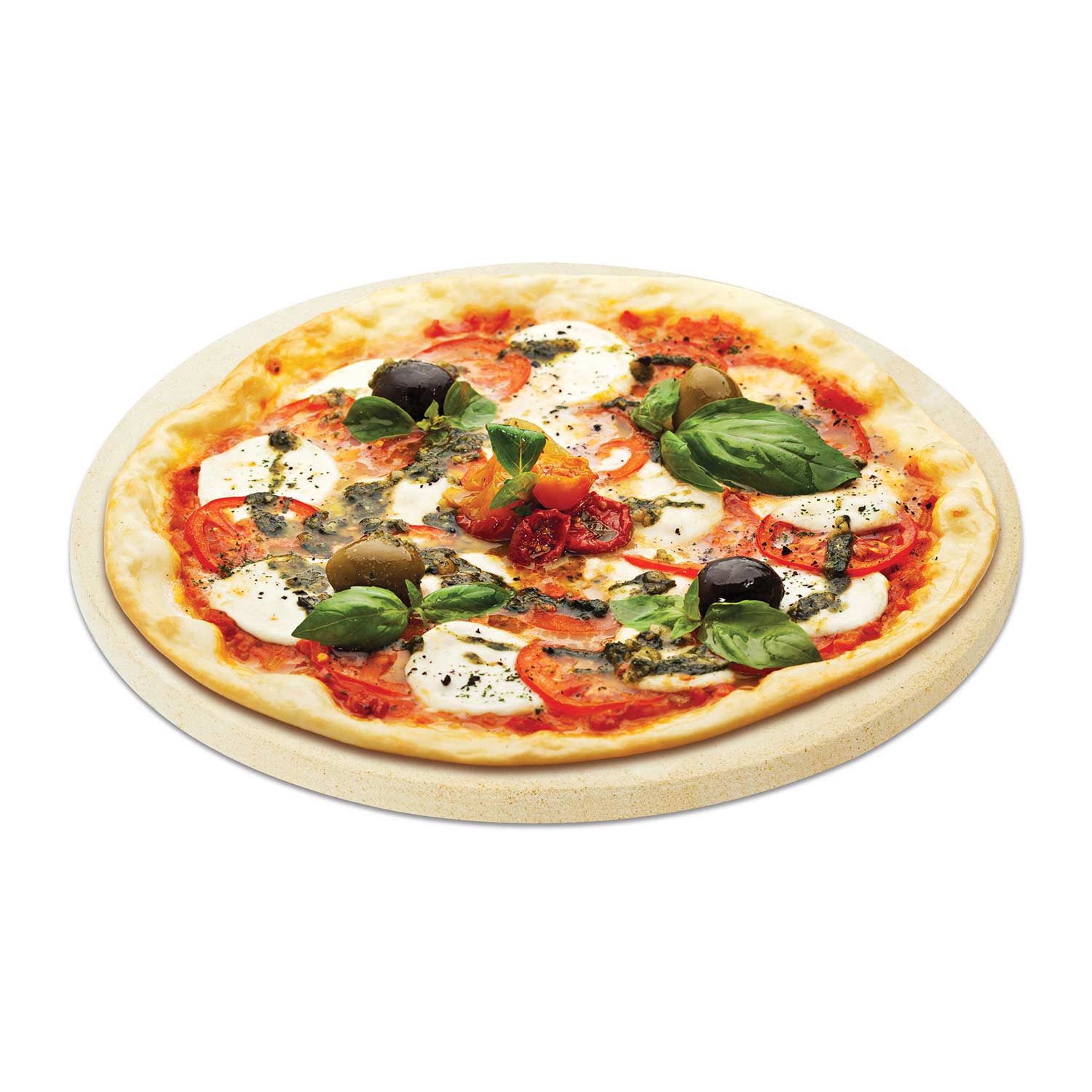 Round pizza baking stone with a topped pizza ready to serve