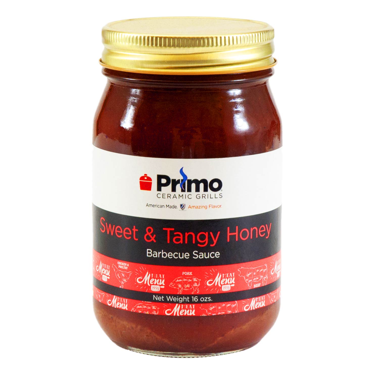 Sweet & Tangy Honey BBQ sauce in glass jar with gold lid, 16 oz