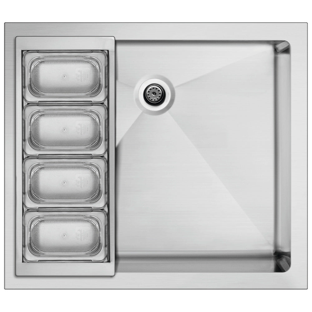 Stainless beverage chiller and sink with drain strainer and four ice wells