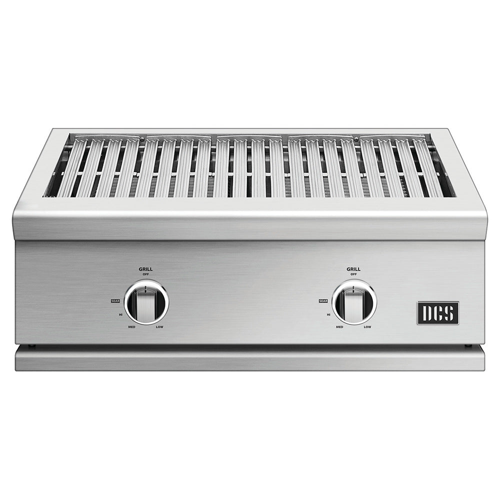 Built-in stainless steel gas grill with two control knobs and open cooking grate