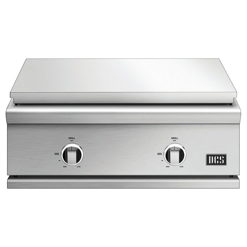 Built-in stainless steel gas grill with two control knobs and closed lid cover