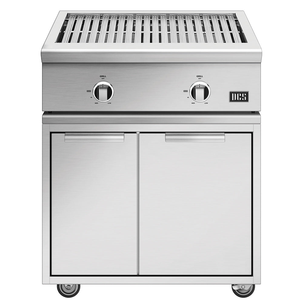 Freestanding 30-inch all-grill with two control knobs, grill grate and side cabinet doors