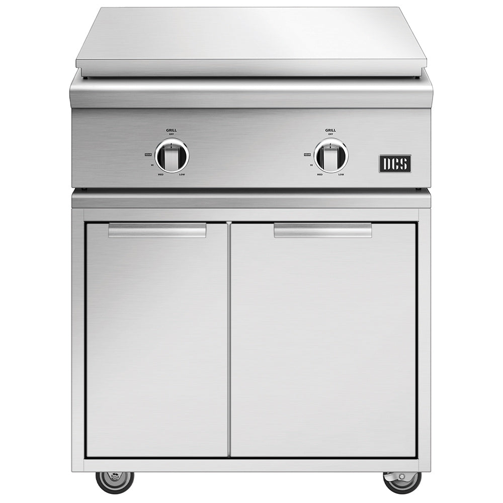 Freestanding 30-inch all-grill with lid, two control knobs, and two cabinet doors on wheels