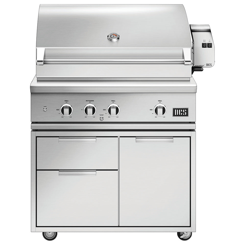 Freestanding stainless gas grill with four front knobs and closed lid