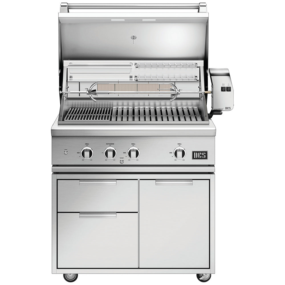Freestanding stainless gas grill with lid open, visible cooking grates and rotisserie spit