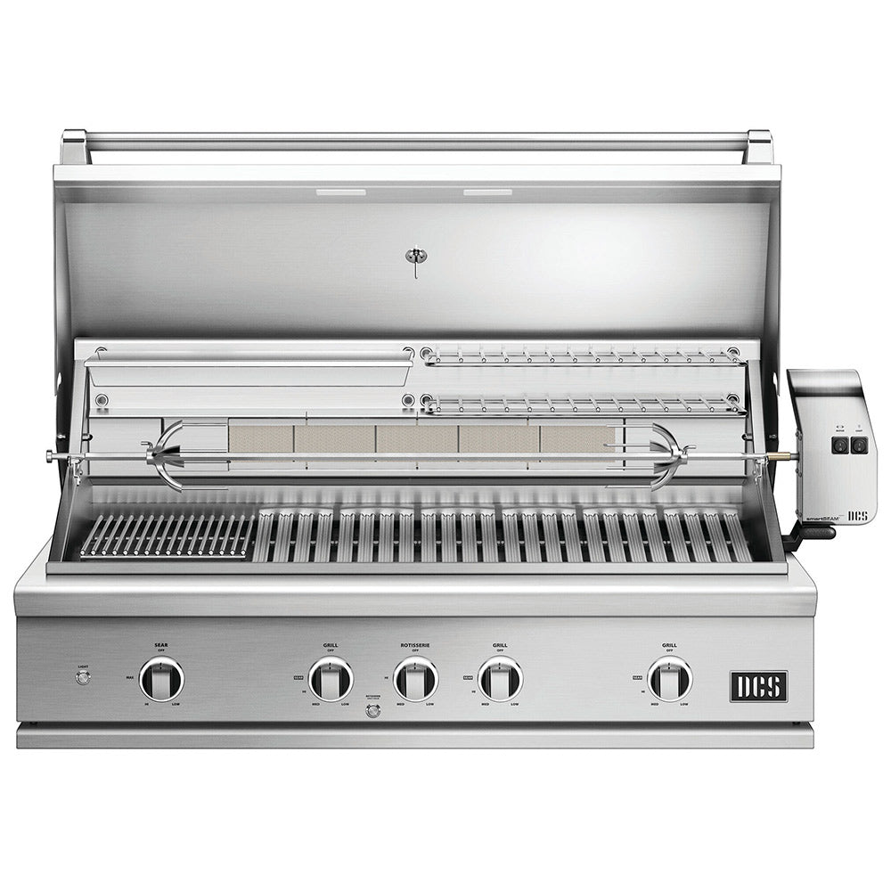 Built-in gas grill with hood open, interior grates and burner bar visible