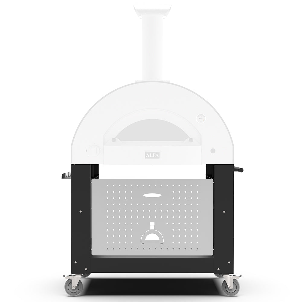 Black pizza oven base frame with wheels and front panel vents