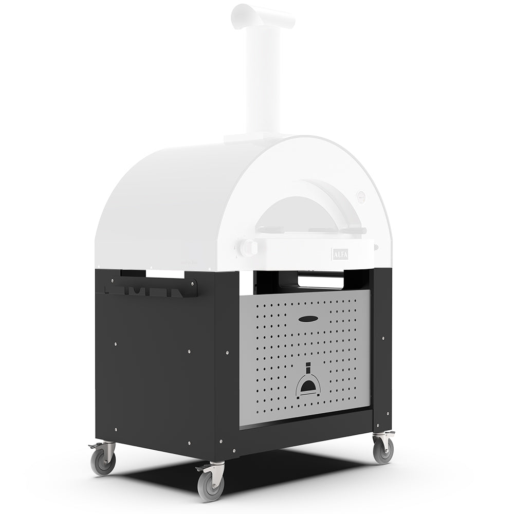 Black pizza oven base on wheels with side panel and vented front door
