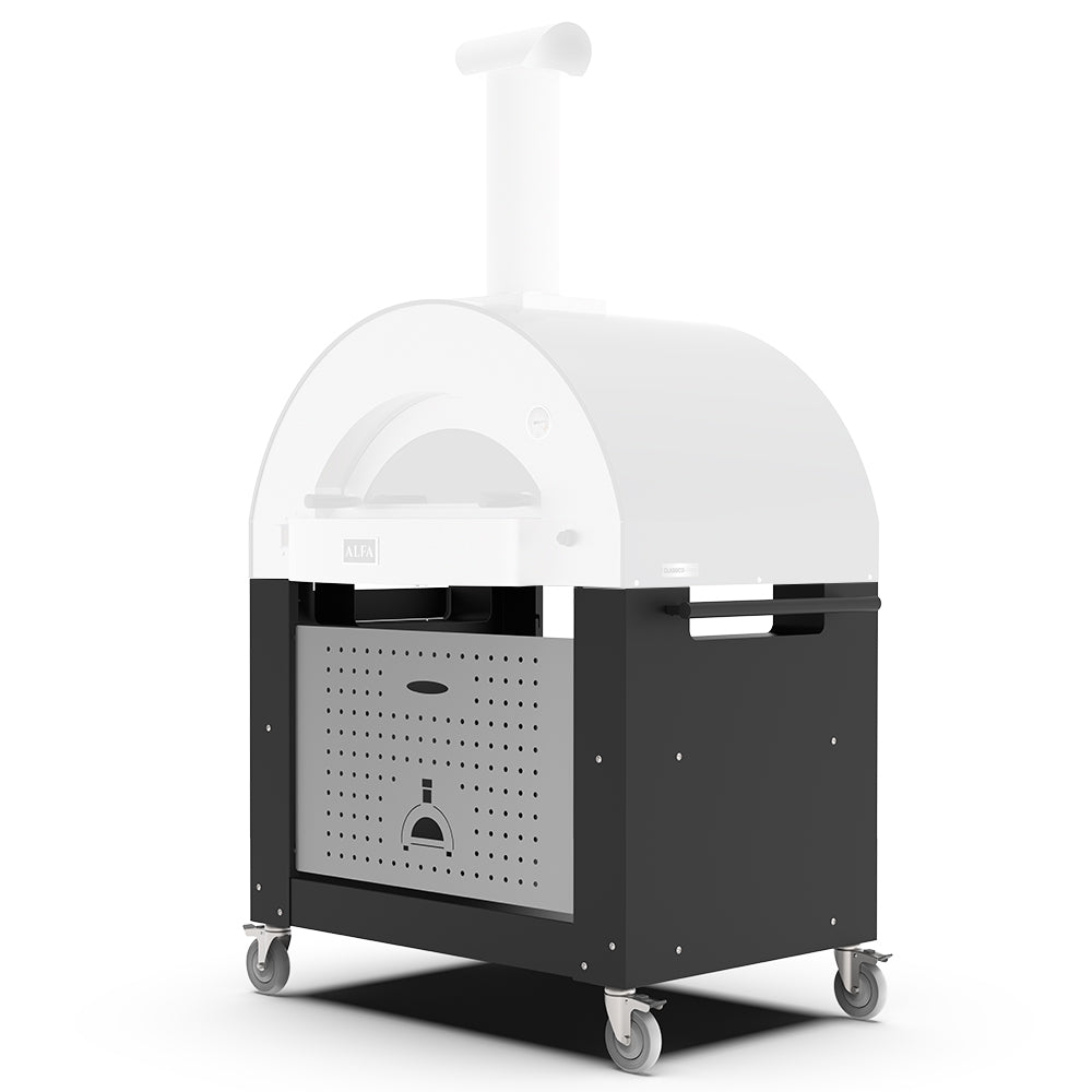 Black pizza oven base cart with wheels and vented front control panel