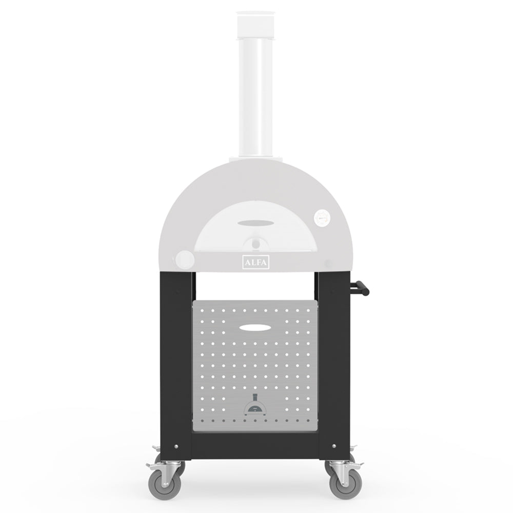 Black Alfa Nano Base outdoor oven stand with perforated door and two front wheels
