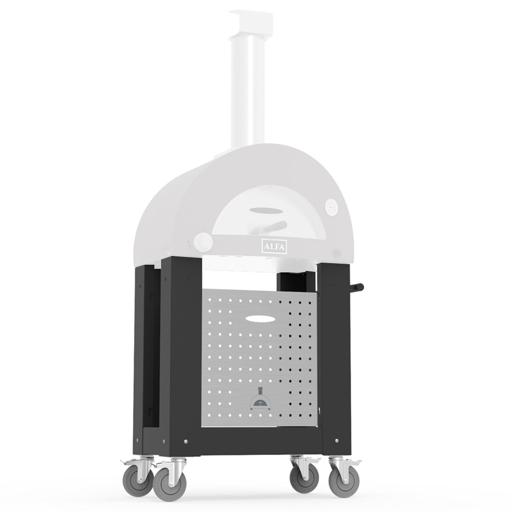 Black Alfa Nano Base outdoor oven stand with clear side panels and four caster wheels