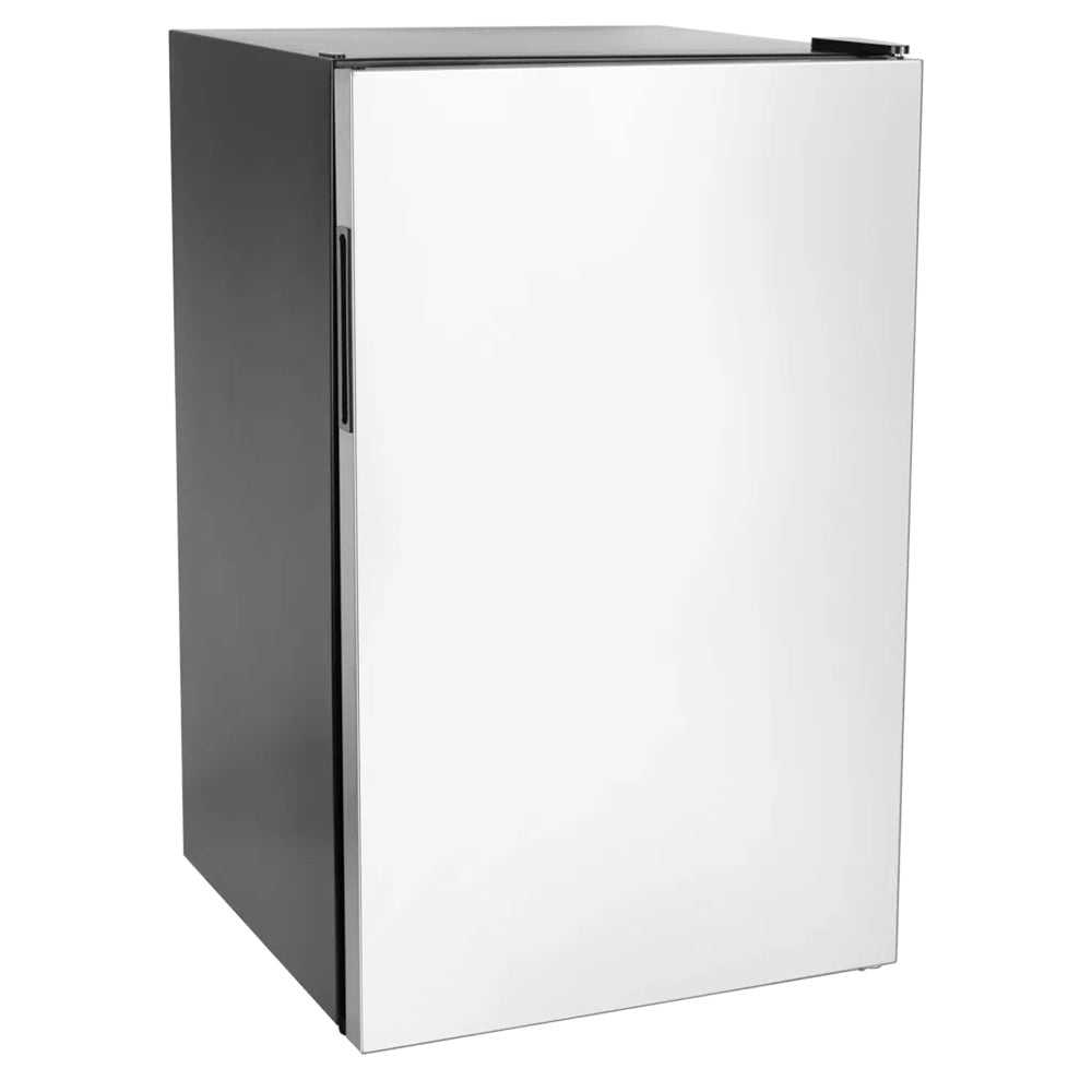 Contemporary refrigerator with white door and dark gray sides, recessed handle.