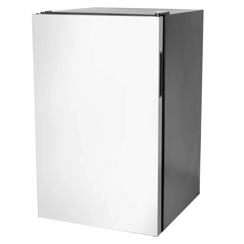 Contemporary refrigerator with white front door and dark gray right side panel.