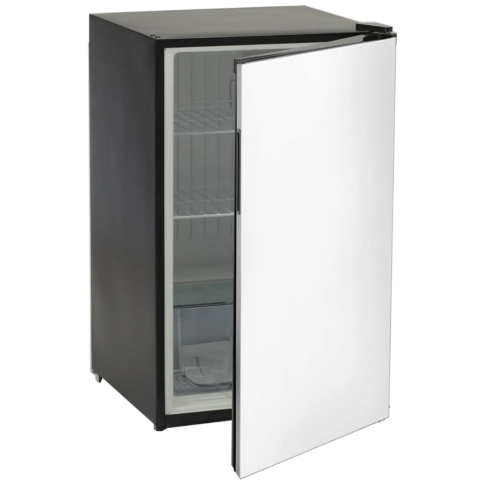 Contemporary refrigerator with open door showing glass shelves and interior compartment.
