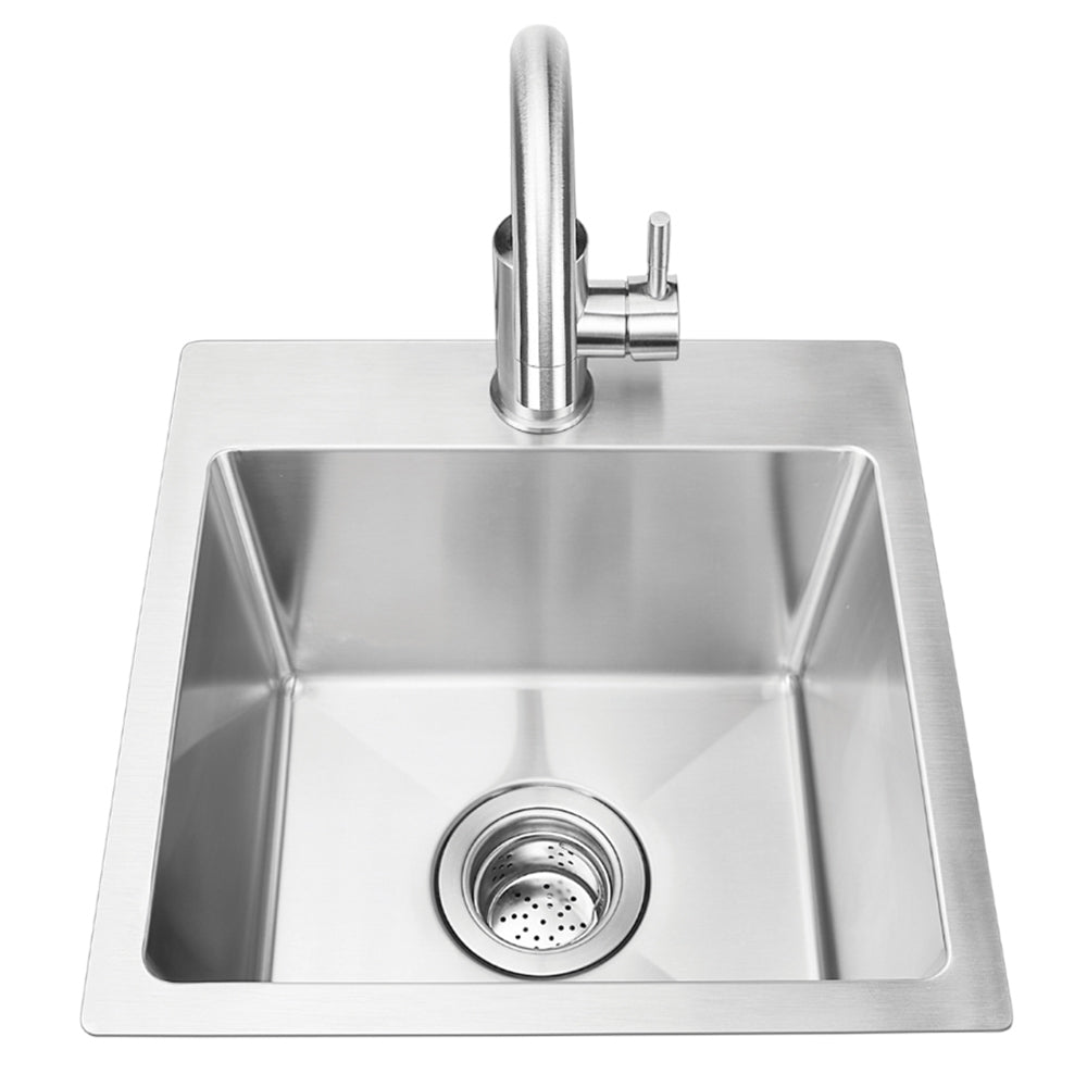 Stainless steel dual mount sink with faucet and single rectangular basin, drain strainer.