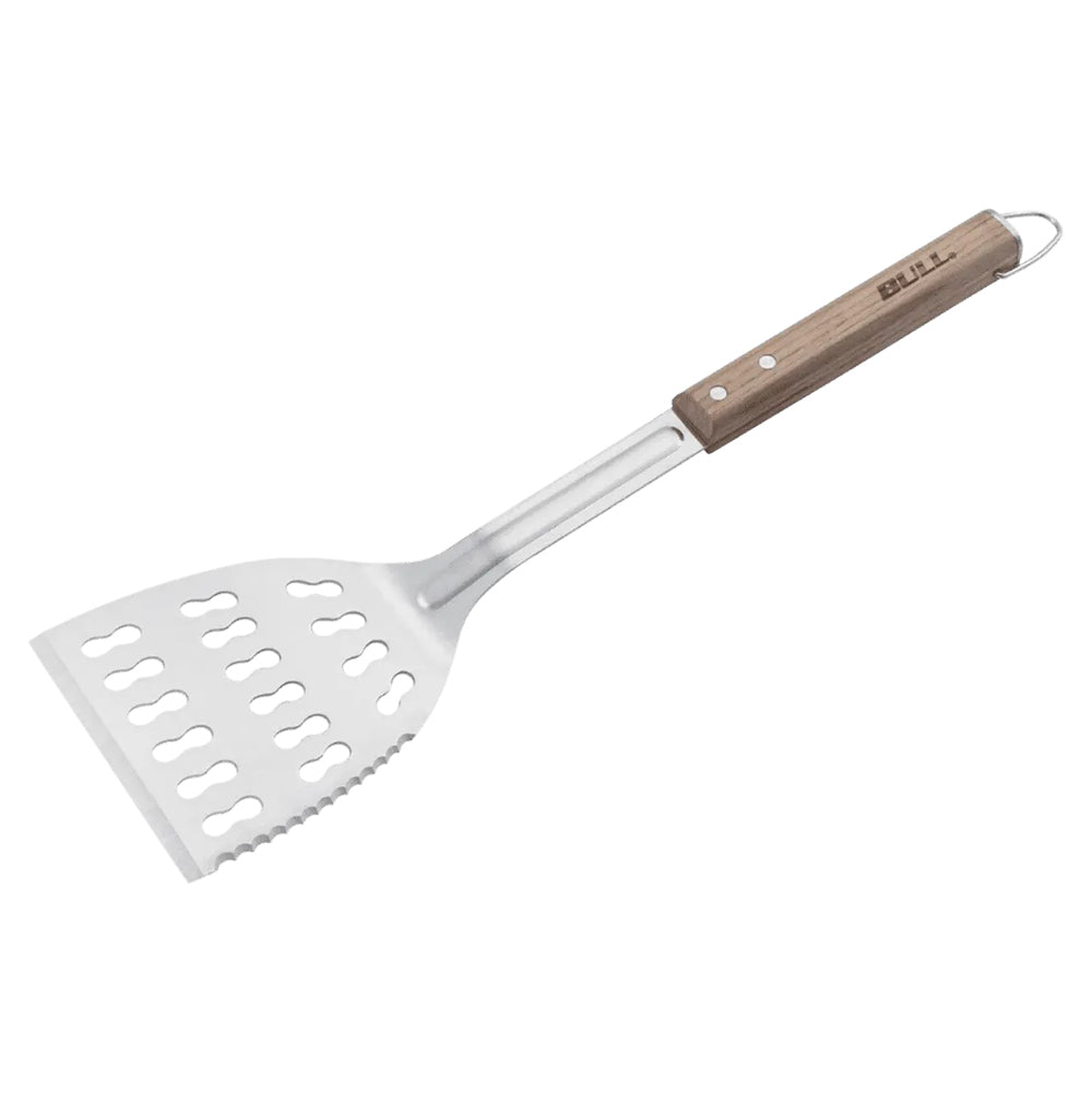Slotted metal scraper tool with wooden handle and hanging loop