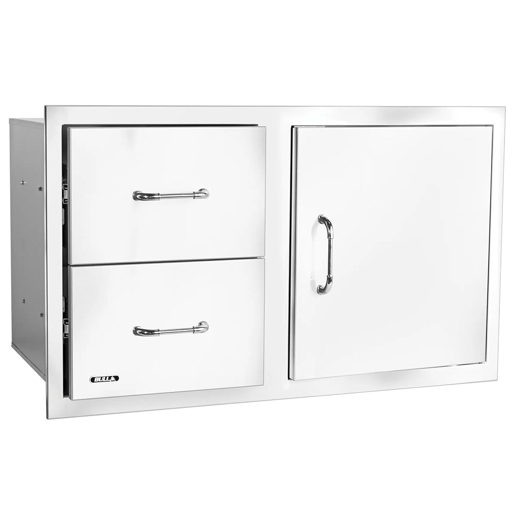 Reversible access door with two drawers, white panels and chrome pull handles