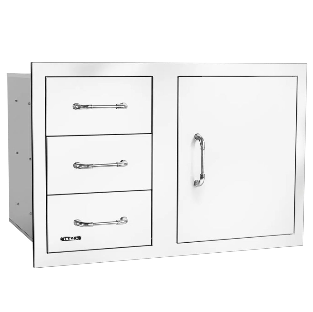 Cabinet access door with three drawers and pull handle, white finish