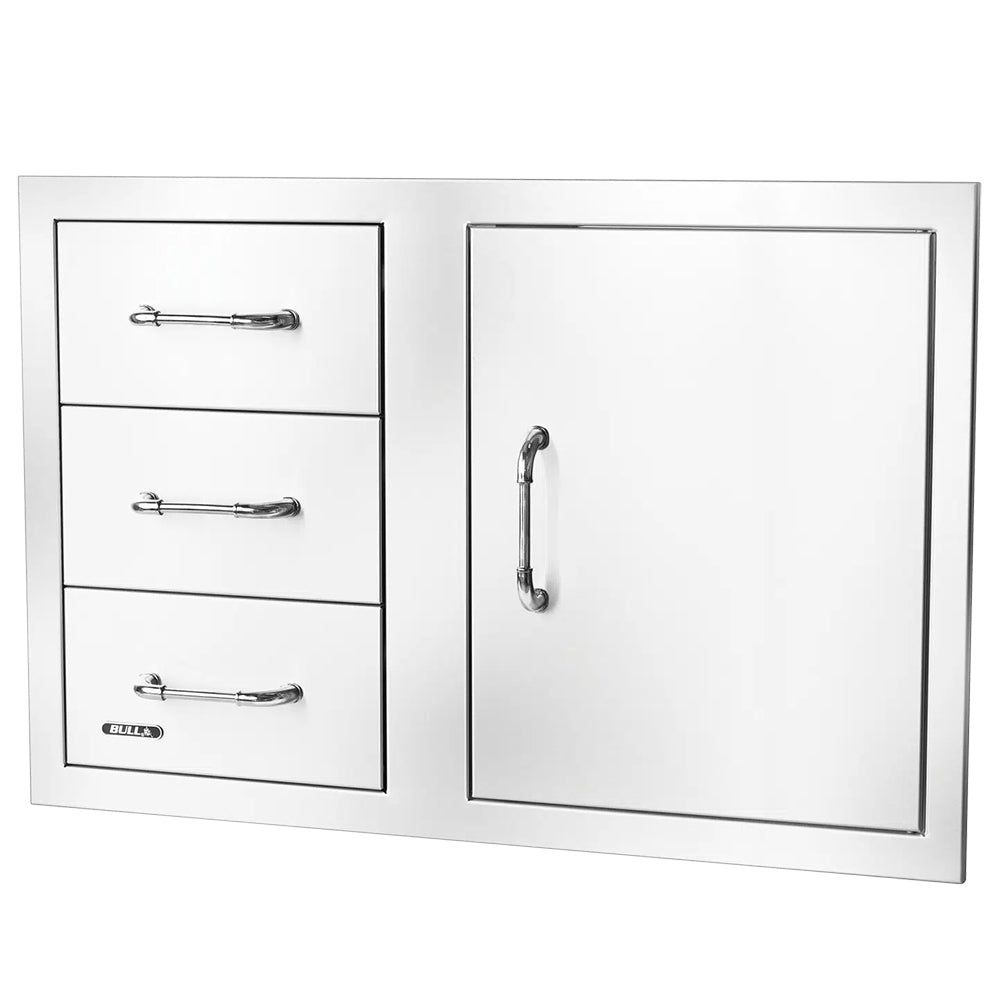 Cabinet access door with three drawer fronts and main door handle, white finish