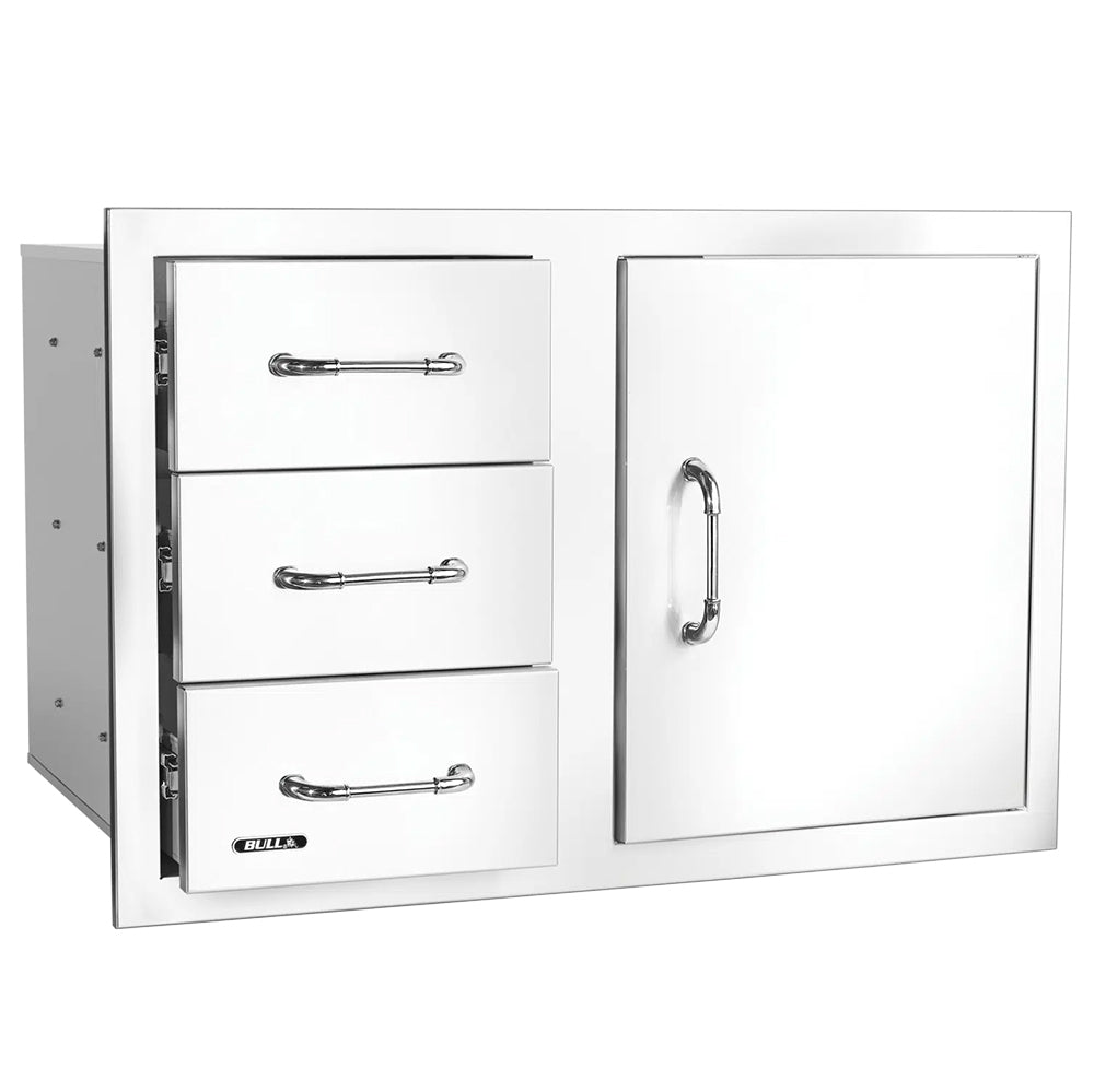 Cabinet access door with three open drawers and right door handle, white finish